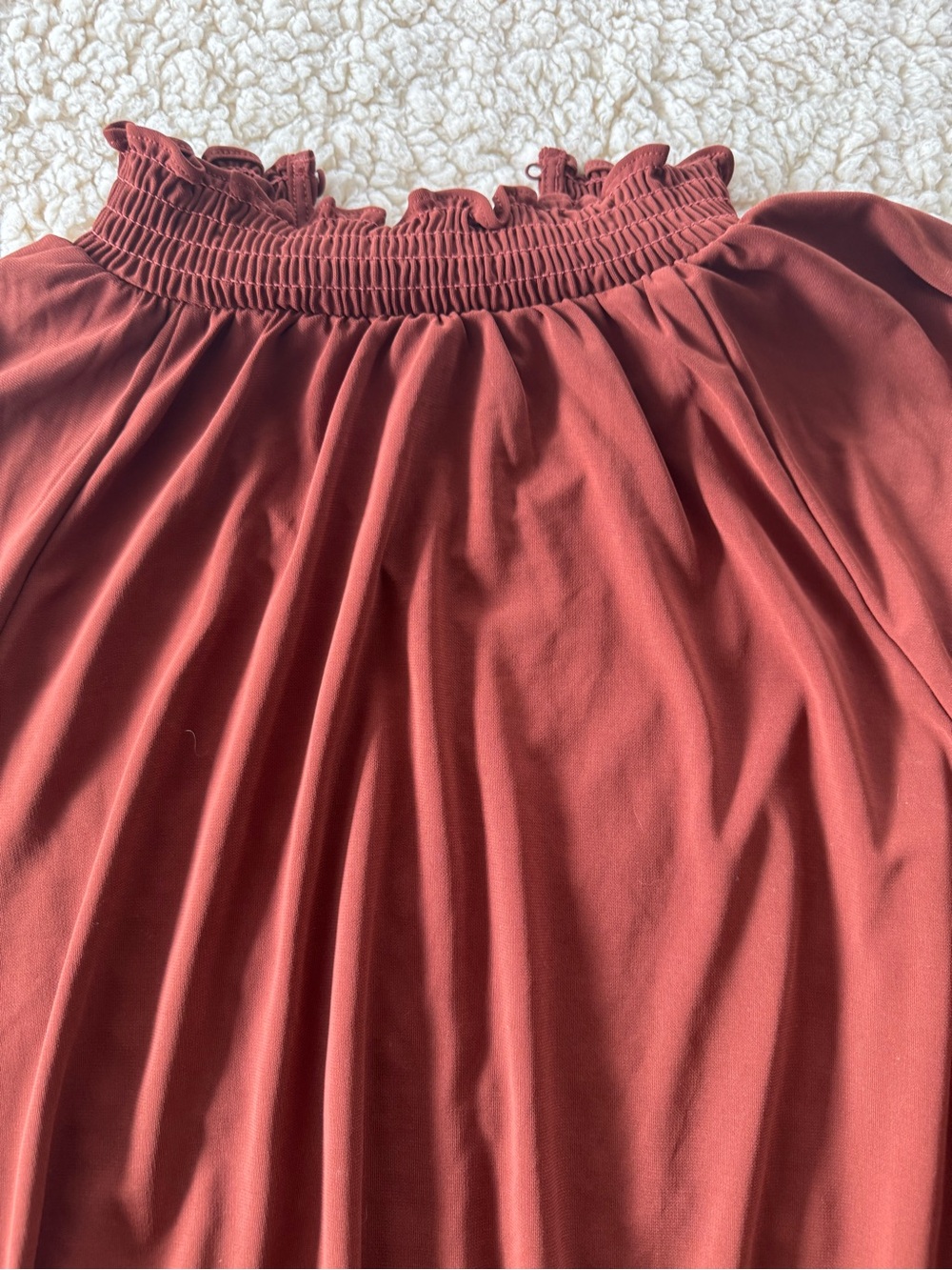 Express Rust Red Smocked-Neck Long-Sleeve Bodysuit